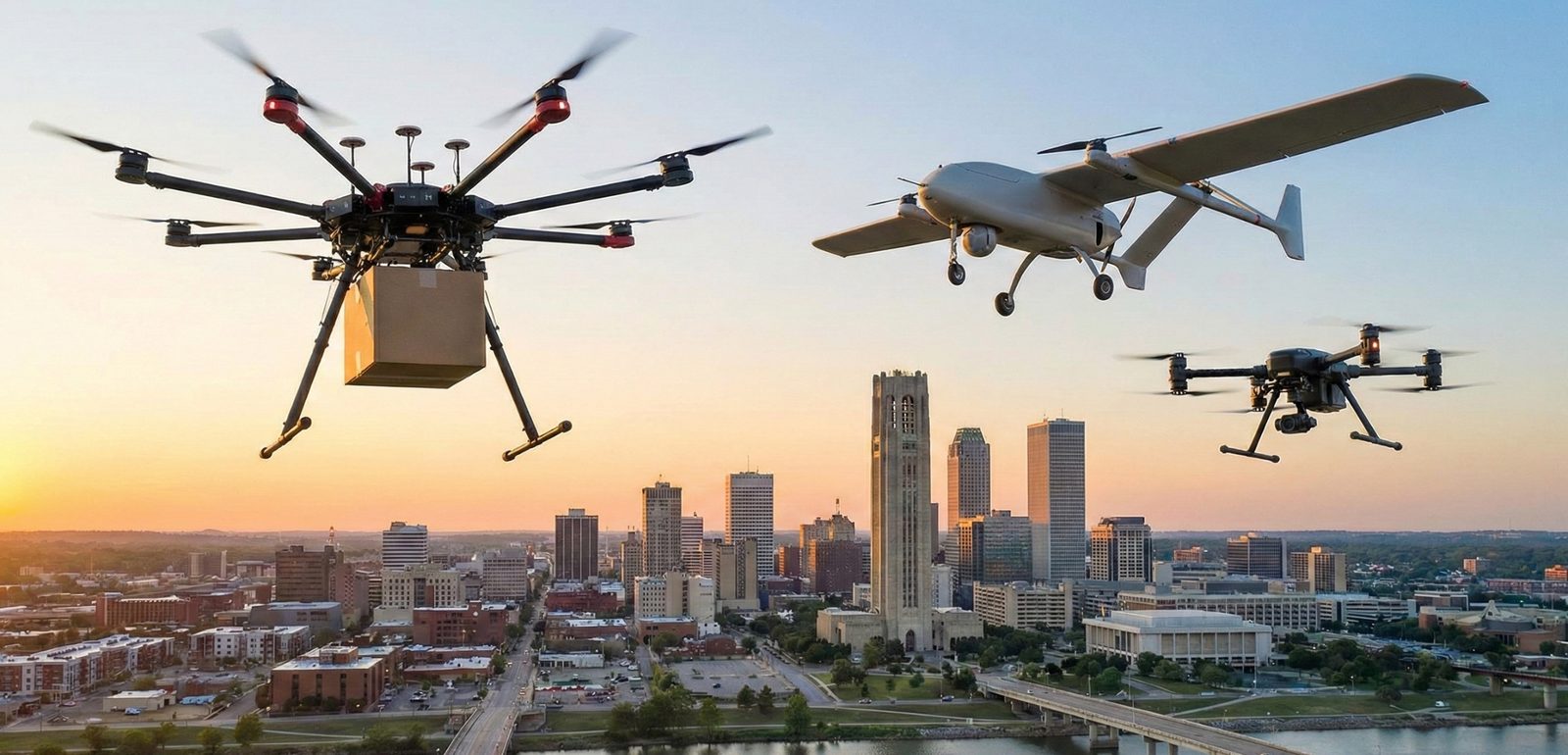 Autonomous air vehicles over Tulsa skyline
